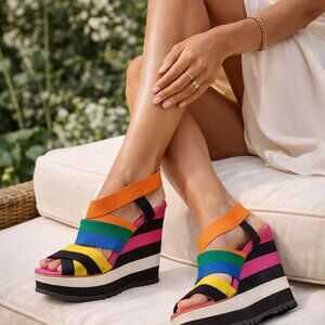 Prada Multicolor Printed Espadrilles Wedge Platform Sandals Elastic Size 10.5
